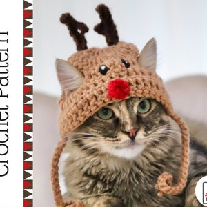 Crochet Pattern: Rudolph Reindeer Hat for Cats, Christmas Crochet Pattern for Pets / Cat Lovers, Digital Cat Reindeer Hat Crochet Pattern