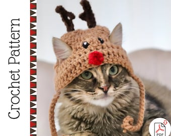 Crochet Pattern: Rudolph Reindeer Hat for Cats, Christmas Crochet