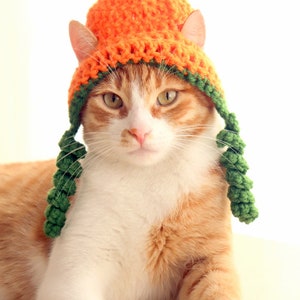 Puede incluir: Un gato atigrado blanco y naranja con un gorro de calabaza de ganchillo con tallos verdes. El gato est&aacute; tumbado con las patas extendidas.
