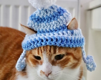 Beanie Hat for Cats, blue striped cat hat with fluffy pom pom, winter hat for Cats / Miniature Small Dogs, Cat Stocking Cap with Ear Holes
