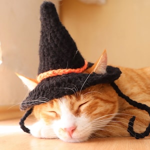 Crochet Pattern: Witch hat for cats, PDF instructions for cat witch hat costume with chin straps / ear holes, crochet halloween idea of cats image 5