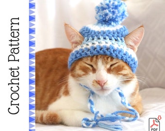 Crochet Pattern: Striped Beanie Hat for Cats, PDF Digital Download Tutorial to Crochet 3 Color Stripe Cat Hat with Ear Holes, Braids, Pompom