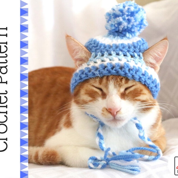 Crochet Pattern: Striped Beanie Hat for Cats, PDF Digital Download Tutorial to Crochet 3 Color Stripe Cat Hat with Ear Holes, Braids, Pompom