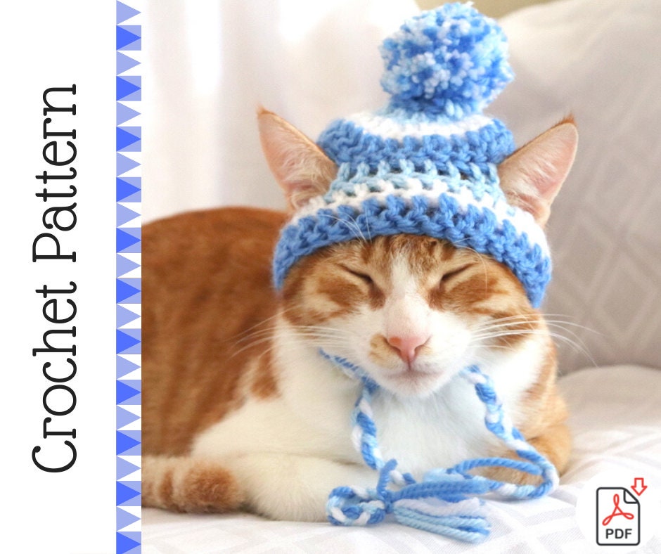 Easy Crochet Pattern Striped Earflap Cat Hat With Pom Poms Adult Sized  small/medium 