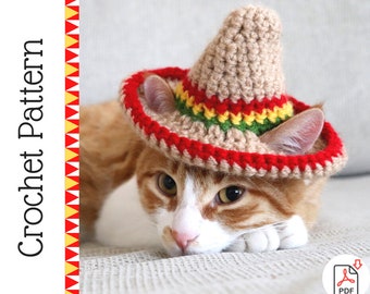 Cat Sombrero Crochet Pattern, Crochet Instructions for Pet Size Sombrero Hat with Ear Holes, Cinco De Mayo Crochet Pattern for Pets