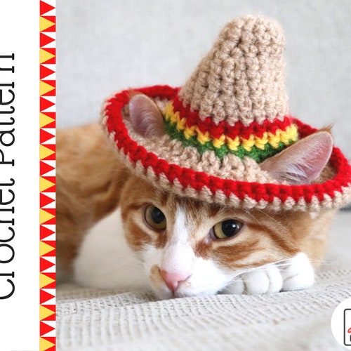 Patrón de crochet para sombrero de gato, instrucciones de crochet para sombrero de tamaño mascota con orificios para las orejas, patrón de crochet para mascotas del Cinco de Mayo