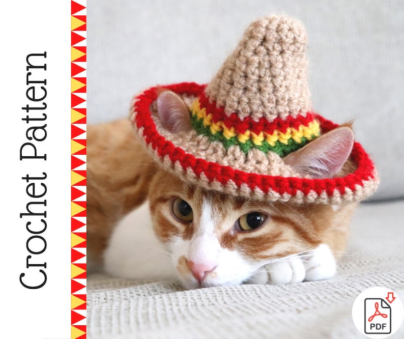 Katze Sombrero Häkelanleitung, Häkelanleitung für Haustier Größe Sombrero Hut mit Ohrlöchern, Cinco De Mayo Häkelanleitung für Haustiere Bild 1