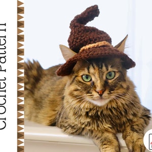 Crochet Pattern: Witch hat for cats, PDF instructions for cat witch hat costume with chin straps / ear holes, crochet halloween idea of cats