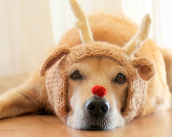 Snood de perro de reno, sombrero de asta de reno para perros grandes, disfraz de foto de perro de Navidad, sombrero de ciervo para perros