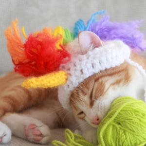 May include: A ginger cat wearing a white crocheted unicorn hat with a rainbow mane, resting its head on a ball of green yarn.