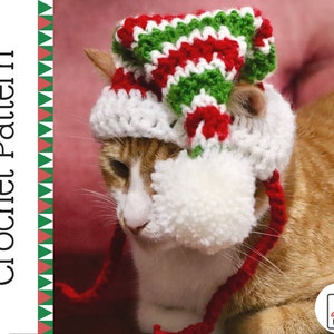 Crochet Pattern: Christmas Elf Hat for Cats, digital PDF crochet pattern for striped elf hat with ear holes, fits cats, kittens, small dogs