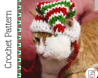 Crochet Pattern: Christmas Elf Hat for Cats, digital PDF crochet pattern for striped elf hat with ear holes, fits cats, kittens, small dogs