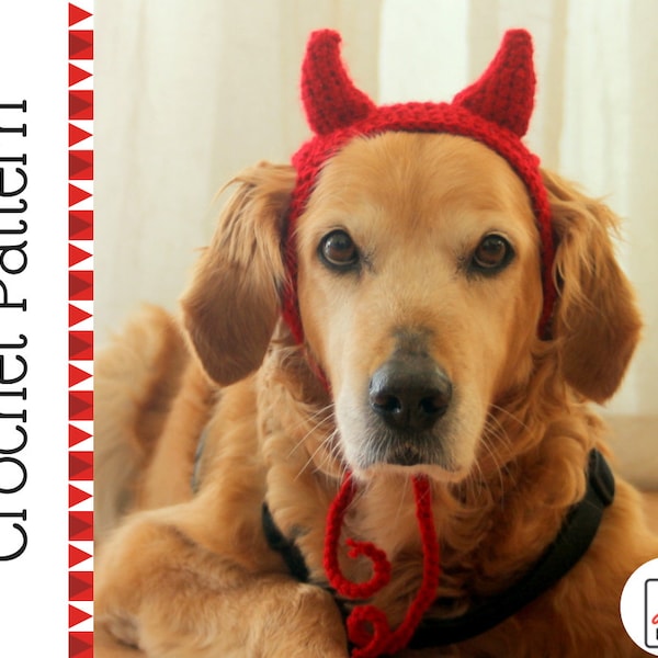 Crochet Pattern: Devil horn costume headband with ear holes for large dogs, digital PDF pattern / instant download to crochet pet devil horn