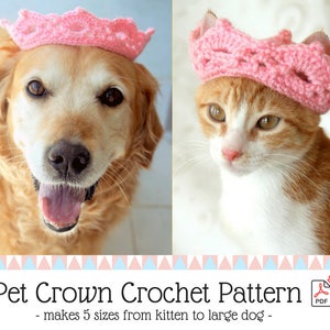 May include: A pink crocheted crown for pets, shown on a golden retriever and a tabby cat. The pattern is available as a PDF download and makes 5 sizes from kitten to large dog.