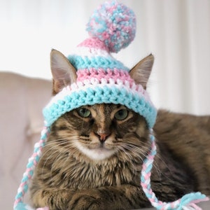 May include: A tabby cat wearing a handmade crochet hat with a pom-pom. The hat features alternating stripes of light blue, pink, and white yarn. The cat has green eyes and long whiskers, with the hat's ear flaps tied under its chin.