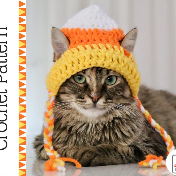 CROCHET PATTERN: Candy Corn Hat for Cats, Easy Crochet Halloween Cat Hat Pattern, Fun Fall Crochet Project for Pets, PDF Digital Download