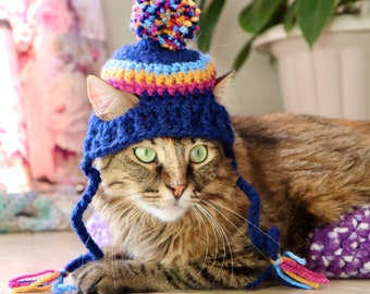 Beanie Hat for Cats: Colorful and Trendy Striped Winter Cat Hat for Cats with Ribbing, Ear Holes, and Bright Pom Pom, Cat Stocking Cap Toque