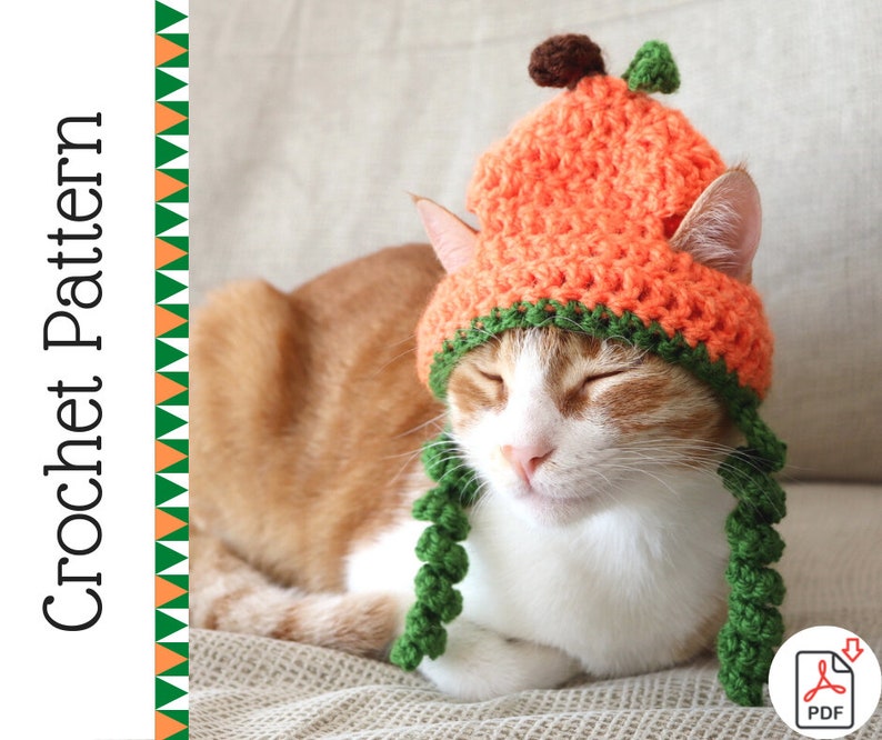 Puede incluir: Un gorro de calabaza de ganchillo con hilo verde y naranja para un gato. El gato lleva el gorro y tiene los ojos cerrados.