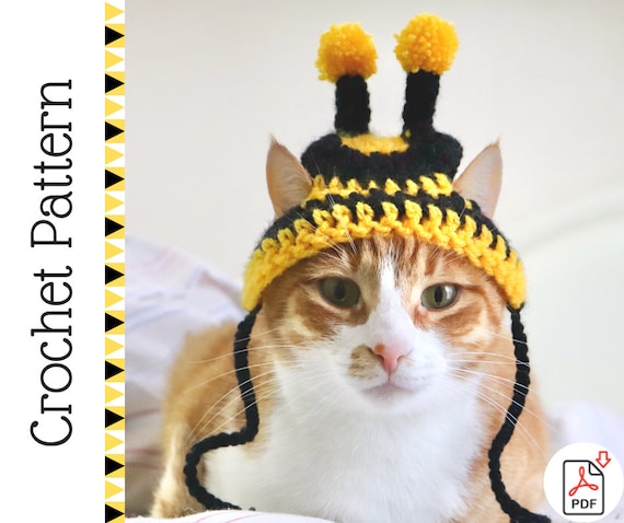 バンブルビー猫用帽子のかぎ針編みパターン、猫/XS犬用かぎ針編みの蜂