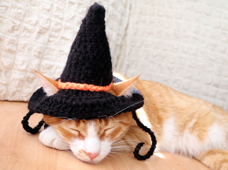 Crochet Pattern: Witch hat for cats, PDF instructions for cat witch hat costume with chin straps / ear holes, crochet halloween idea of cats image 6