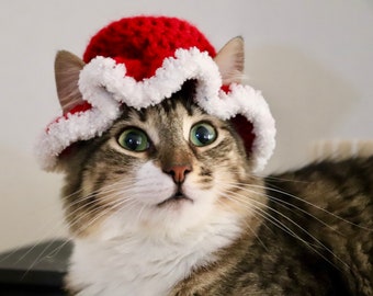 Mrs. Claus Hat for Cats, Red Winter Christmas Hat with Ear Holes, Mrs. Claws Holiday Cat Photo Prop