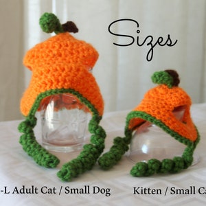 Puede incluir: Dos gorros de calabaza de crochet para gatos. El gorro m&aacute;s grande es naranja con ribetes verdes y est&aacute; etiquetado como "M-L Gato adulto / Perro peque&ntilde;o". El gorro m&aacute;s peque&ntilde;o es naranja con ribetes verdes y est&aacute; etiquetado como "Gatito / Gato peque&ntilde;o".