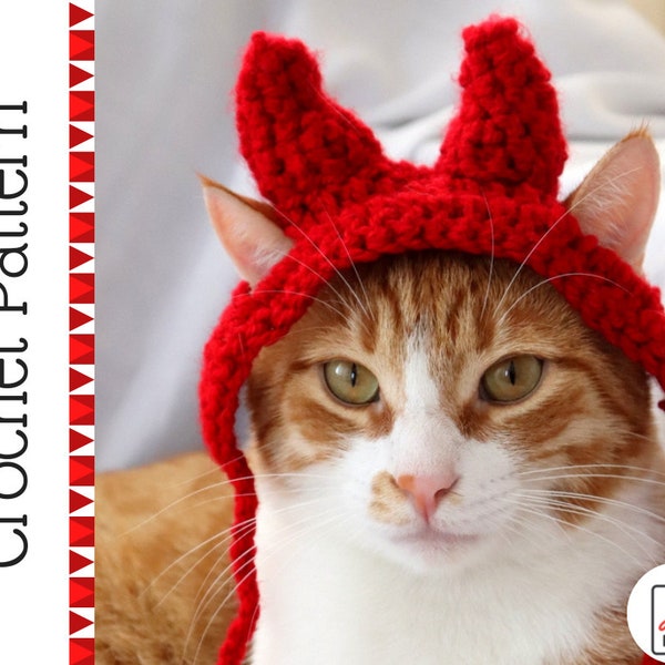 Crochet Pattern: Devil horn hat / headband for cats, Crochet Feline Halloween Costume, Intermediate PDF Crochet Pattern for Digital Download