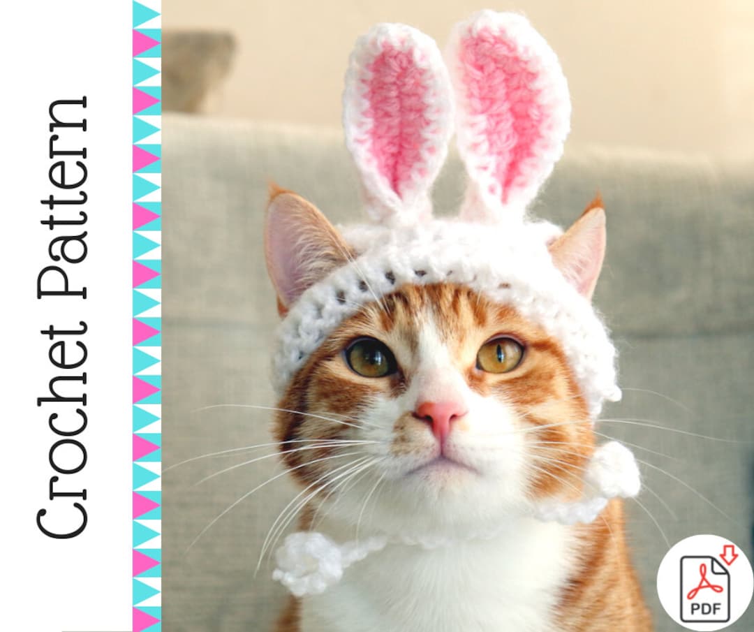 かぎ針編みパターン: 猫用イースターバニー耳帽子、耳穴付きウサギ耳