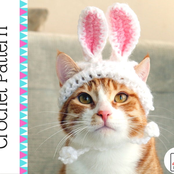 Crochet Pattern: Easter Bunny Ear Hat for Cats, Rabbit Ear Crochet Pattern with Ear Holes - Fits Cats + Extra Small Dog Breeds