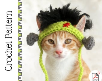 Crochet Frankenstein Hat Pattern for Cats - Extra Small Dogs, Monster Cat Costume Crochet Pattern, Halloween / Fall Crochet Pattern for Pets