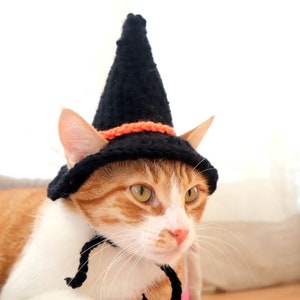 Crochet Pattern: Witch hat for cats, PDF instructions for cat witch hat costume with chin straps / ear holes, crochet halloween idea of cats image 4