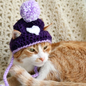 May include: A ginger cat wearing a purple crocheted hat with a white heart and a lavender pom-pom.