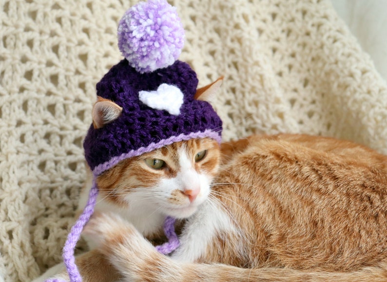 May include: A ginger cat wearing a purple crocheted hat with a white heart and a lavender pom-pom.