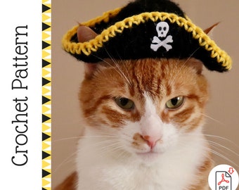 Crochet Pattern: Pirate Hat for Cats, Crochet Pirate / Buccaneer Hat with Ear Holes for Cats & XS Dogs, Crochet Halloween Costume for Pets