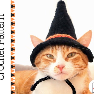 Crochet Pattern: Witch hat for cats, PDF instructions for cat witch hat costume with chin straps / ear holes, crochet halloween idea of cats image 1