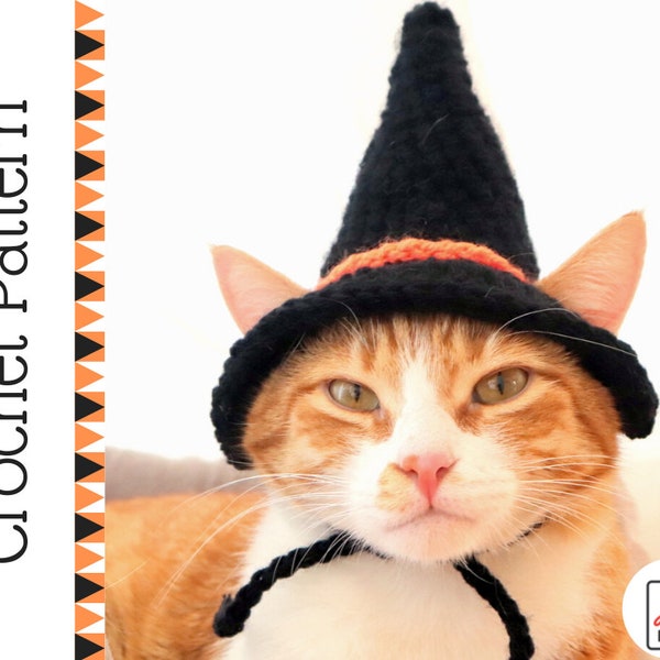 Crochet Pattern: Witch hat for cats, PDF instructions for cat witch hat costume with chin straps / ear holes, crochet halloween idea of cats