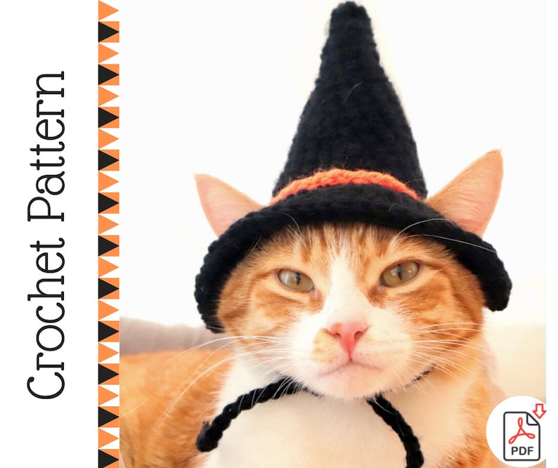 Crochet Pattern: Witch hat for cats, PDF instructions for cat witch hat costume with chin straps / ear holes, crochet halloween idea of cats image 1
