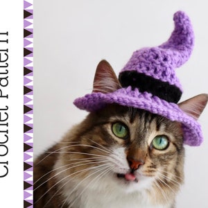 May include: A brown tabby cat wearing a purple crocheted witch hat with a black brim. The cat is looking at the camera with its tongue sticking out.