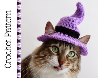 Crochet Pattern: Witch hat for cats, PDF instructions for cat witch hat costume with chin straps / ear holes, crochet halloween idea of cats