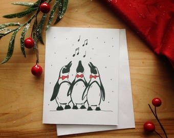 Carte de Noël, Souhaits pour le temps des fêtes - Pingouins en choeur