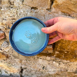 May include: A round ceramic pet bowl with a light blue interior and a dark blue rim. Two paw prints are embossed on the inside of the bowl. The bowl is held by a person's hand.