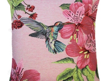 Hummingbird Tapestry Pillow Cover: Pink Floral Belgian Cushion (18x18)