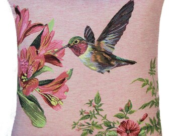 jacquard woven belgian tapestry cushion pillow cover hummingbird picking flowers