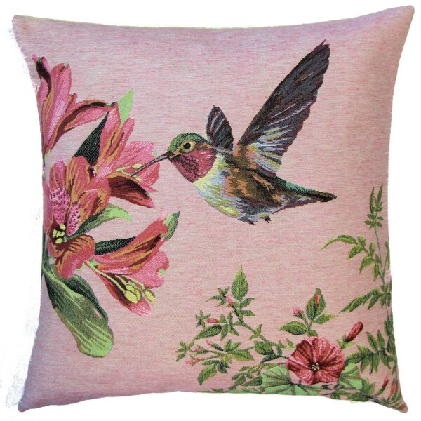 Housse de coussin tapisserie belge tissée jacquard, colibri cueillant des fleurs