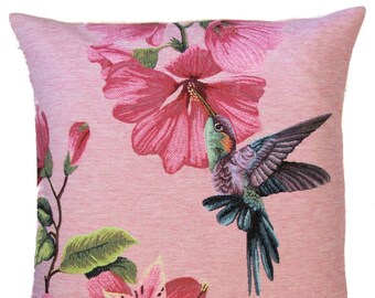 Hummingbird Pillow Cover - Hummingbird and Flower Cushion Cover - Pink Pillow Cover - 18x18 Belgian Tapestry Pillow Case PC-5371