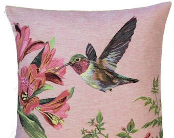 jacquard woven belgian tapestry cushion pillow cover hummingbird picking flowers