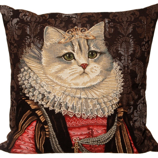 Housse de coussin en tapisserie belge, portrait royal, chat blanc avec robe rouge et noire et col en dentelle