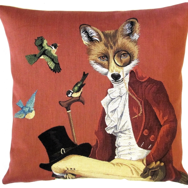 Tapisserie belge tissée jacquard gobelin coussin avec renard gentleman déguisé avec chapeau noir et canne