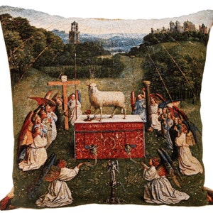 Adoration of the Mystic Lamb Pillow Cover: Belgian Jacquard Woven Tapestry Cushion
