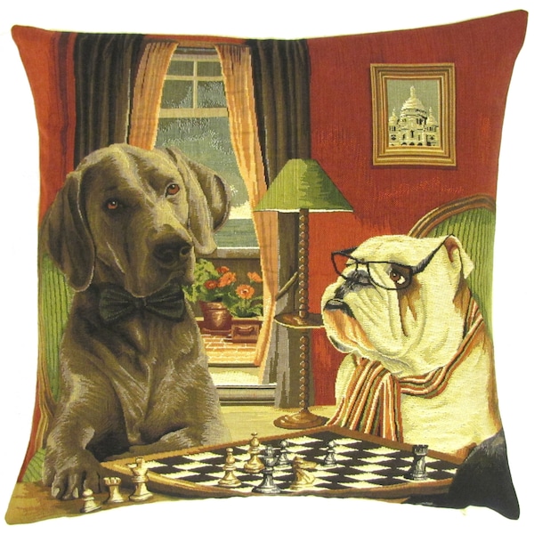Chess Game Pillow Cover - Funny Dog Decor - Dog Throw Pillow - English Bulldog Gift - Weimaraner Lover Gift - Tapestry Pillow Cover